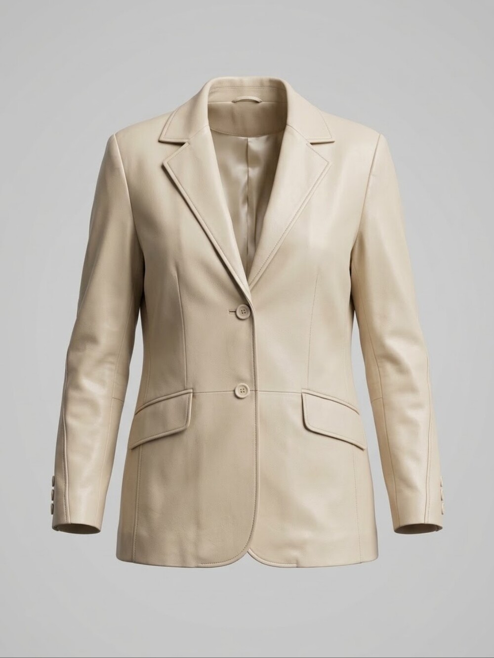 Pam McCoy Cream Leather Blazer Jacket Size L Longline Minimalist Quiet Luxury